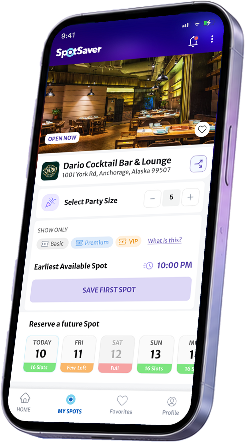 SpotSaver guest app: Dario Cocktail Bar & Lounge, select party size and save the earliest available spot