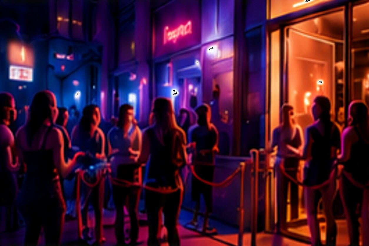 Guests queuing behind a rope outside a nightclub at night
