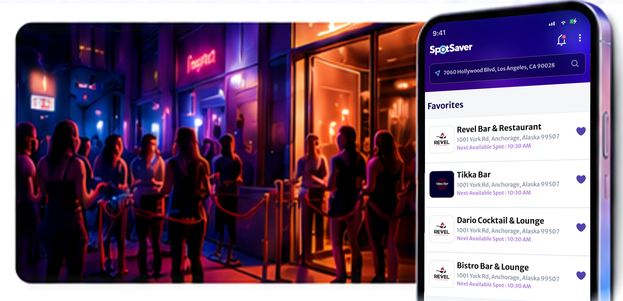 Guests queuing outside a nightclub, with the SpotSaver app showing their favorite venues