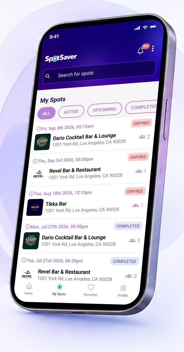 SpotSaver visitor app on a phone, showing My Spots with past and upcoming reservations