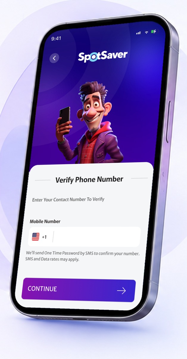 SpotSaver visitor app on a phone, verifying a mobile number
